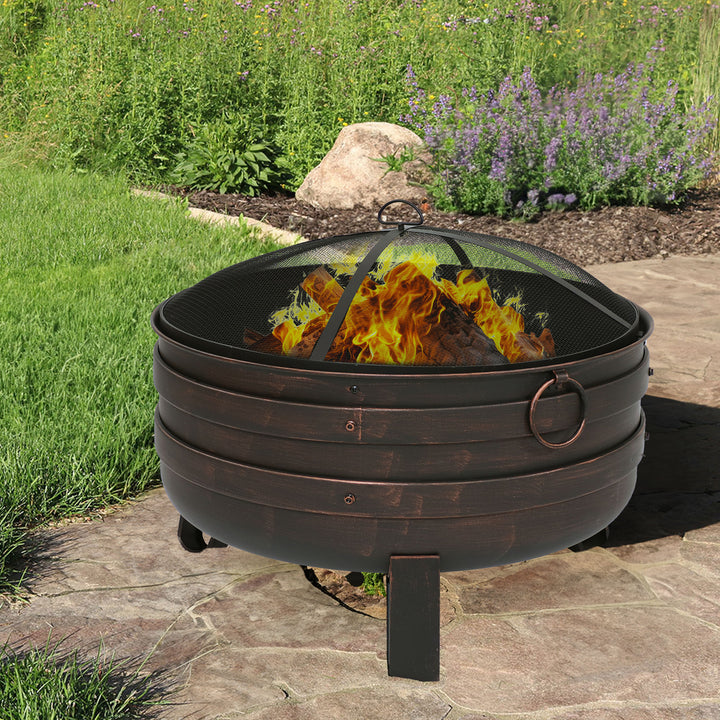 Sunnydaze 24 in Cauldron Fire Pit with Spark Screen and Cover - Bronze Image 4