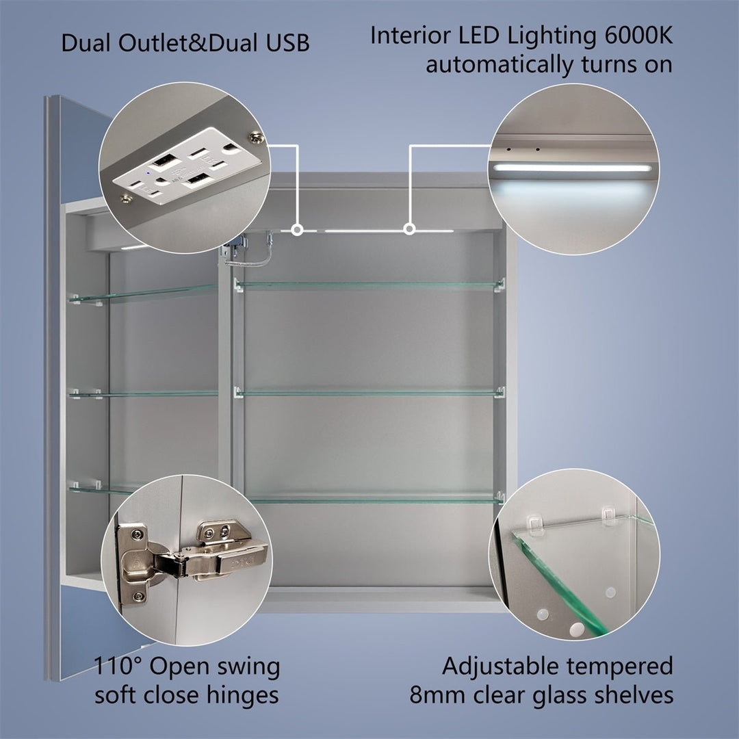 Rim 20x30 Lighted Medicine Cabinet Recessed Mirror LED with Outlets USBs Waterproof Image 5