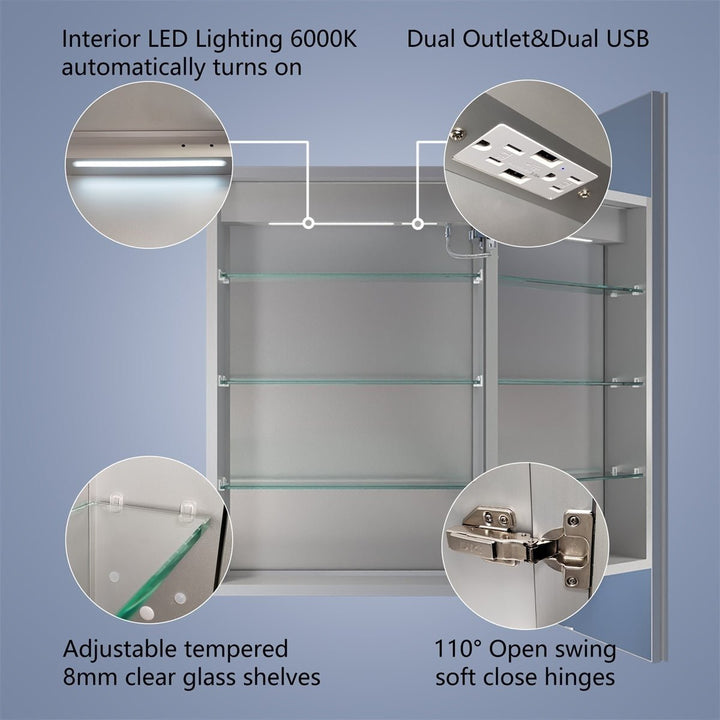 Rim 20x30 Lighted Medicine Cabinet Recessed Mirror LED with Outlets USBs Waterproof Image 10