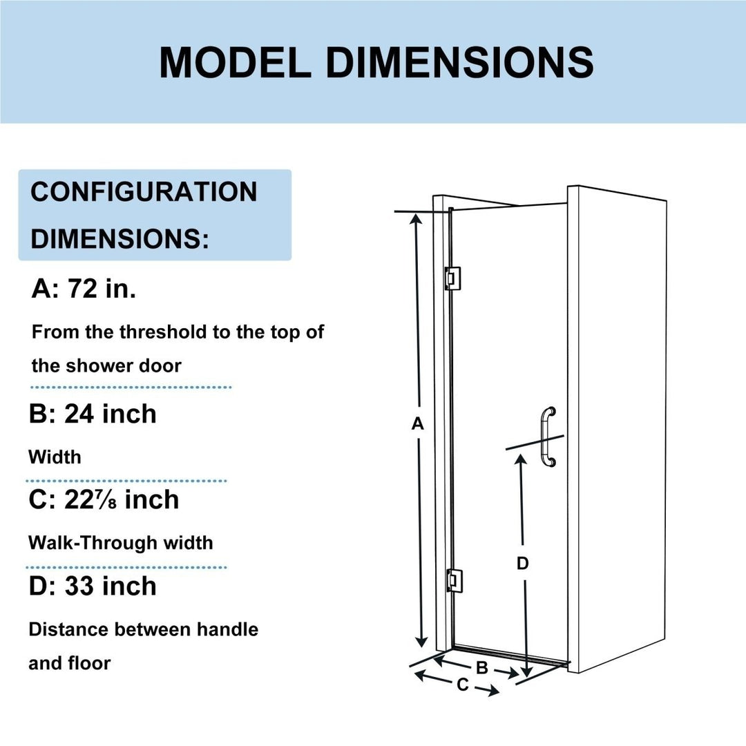 Gemini 24in x 72in Black Semi-Frameless Hinged Shower Door Clear Glass Panel Image 2