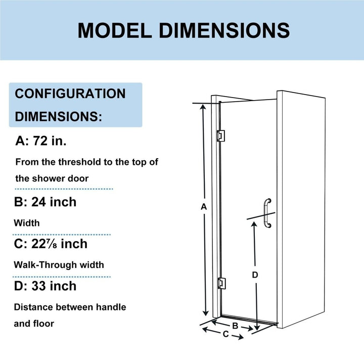 Gemini 24in x 72in Black Semi-Frameless Hinged Shower Door Clear Glass Panel Image 2