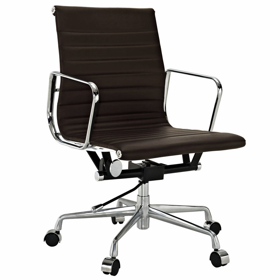Modern Ribbed Mid Back Office Chair Brown Italian Leather Image 1