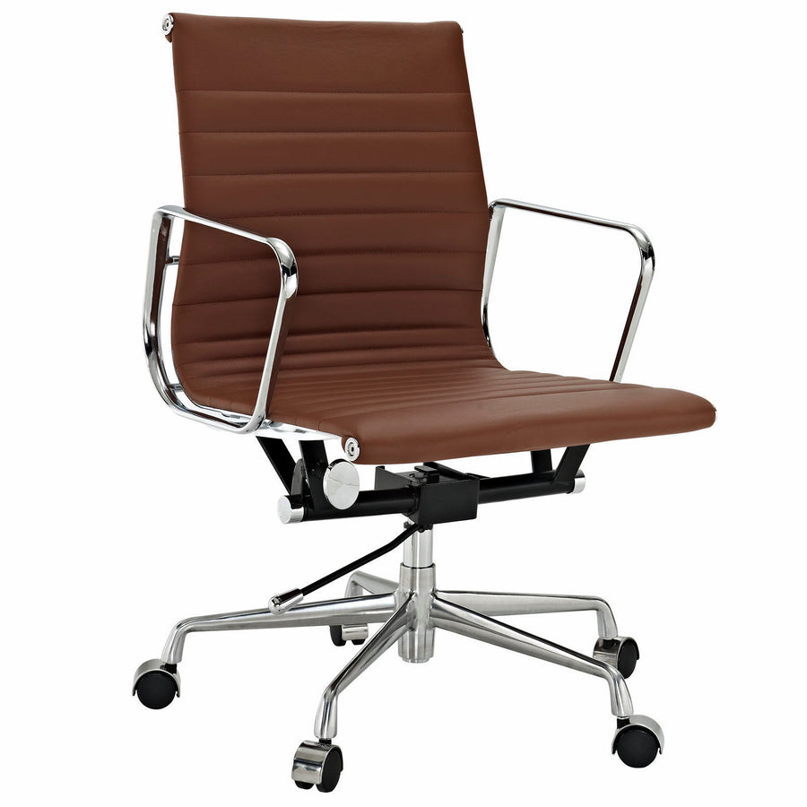 Modern Ribbed Mid Back Office Chair Light Brown Italian Leather Image 1