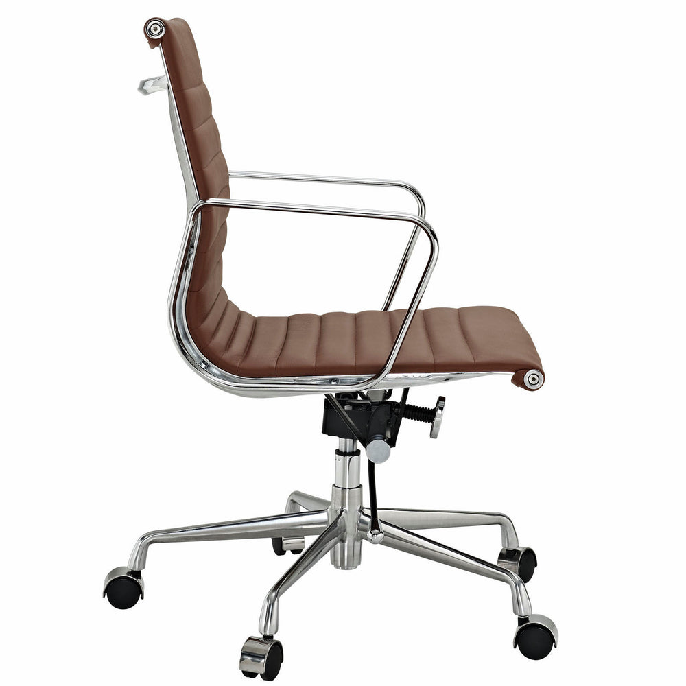 Modern Ribbed Mid Back Office Chair Light Brown Italian Leather Image 2