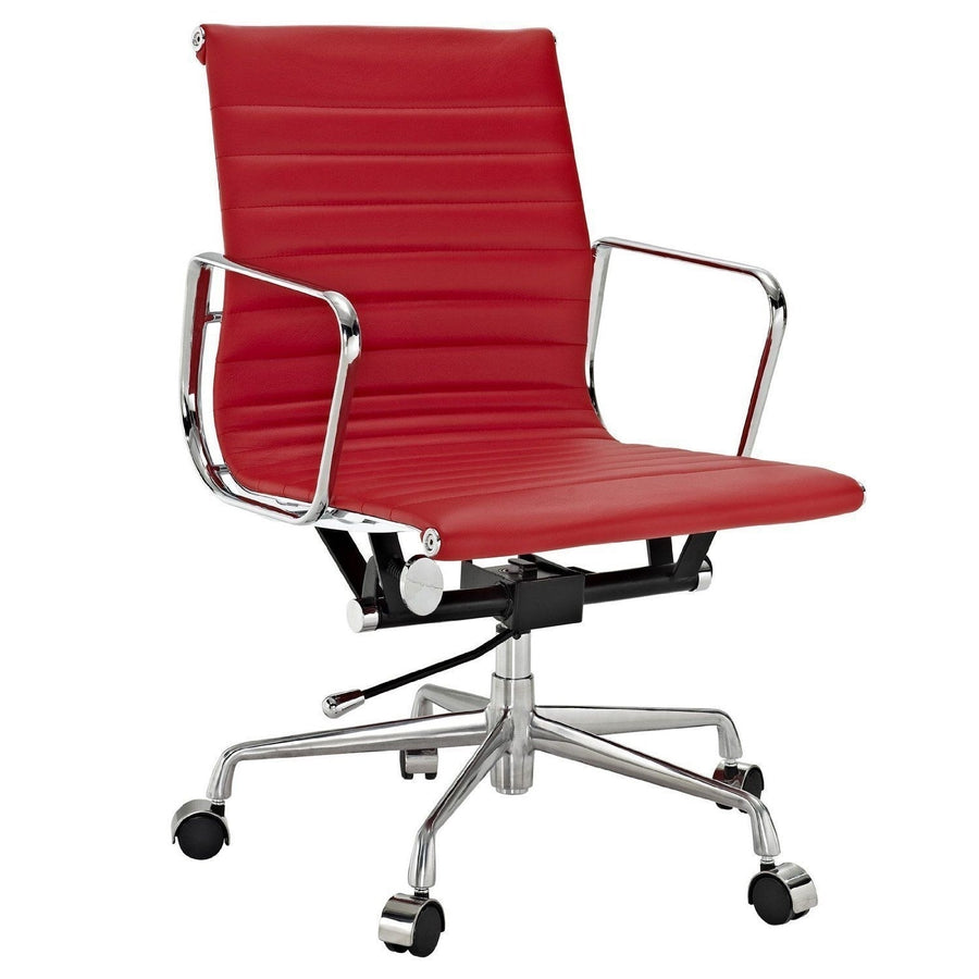 Modern Ribbed Mid Back Office Chair Red Italian Leather Image 1
