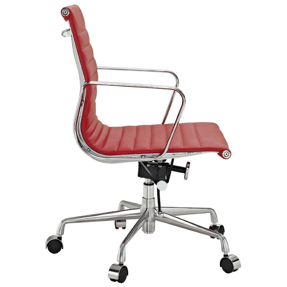 Modern Ribbed Mid Back Office Chair Red Italian Leather Image 2