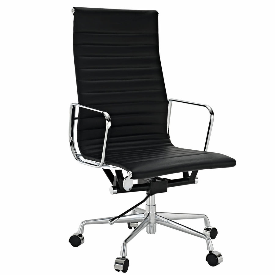 Modern Ribbed High Back Office Chair Black Italian Leather Image 1