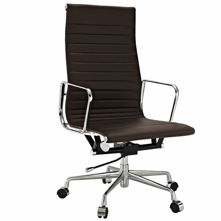 Modern Ribbed High Back Office Chair Brown Italian Leather Image 1