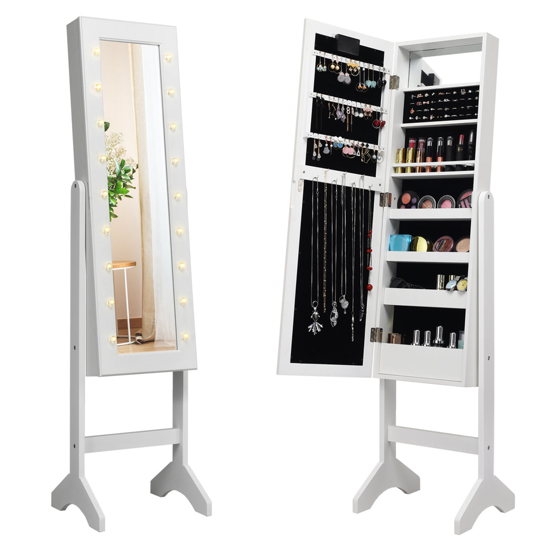 Mirrored Jewelry Cabinet Organizer w/18 LED lights White Image 1