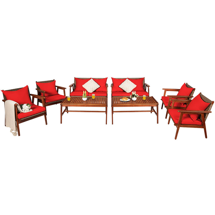 Costway 8PCS Patio Rattan Furniture Set Acacia Wood Frame Cushioned Sofa Chair Red\Navy Image 3