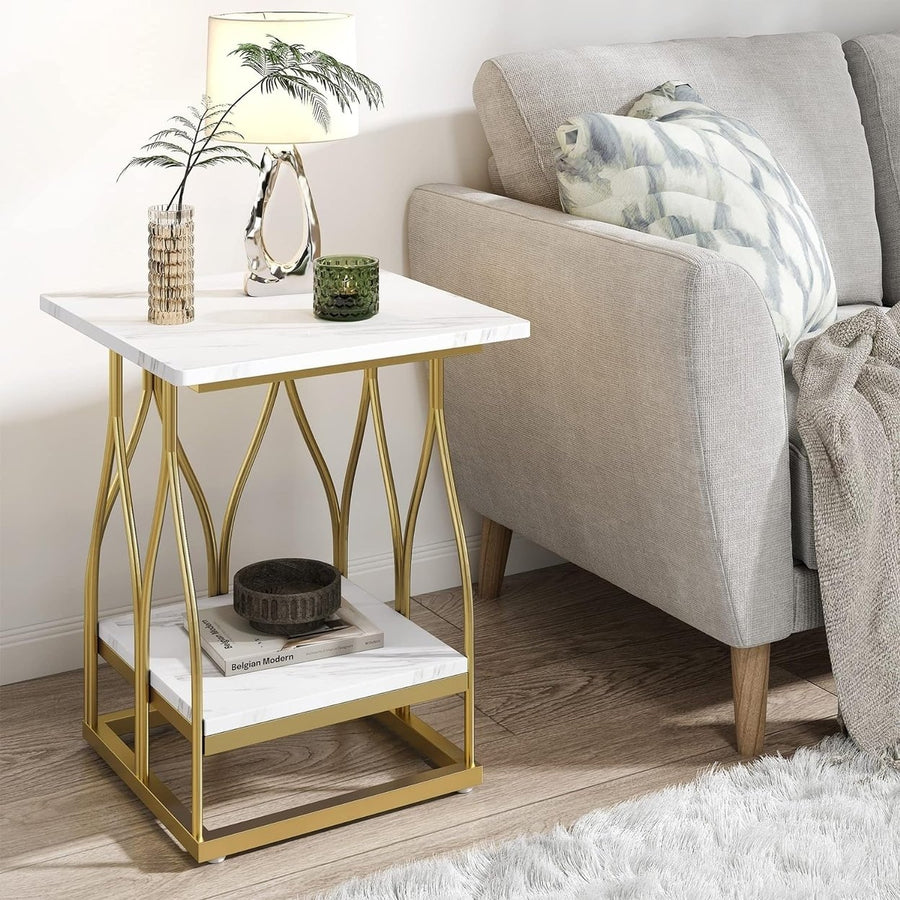 Tribesigns Faux Marble Side Table Gold Modern 2-Tier Accent Table for Living Room Image 1