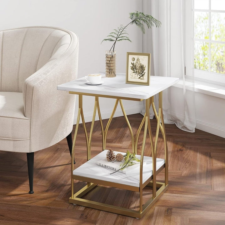 Tribesigns Faux Marble Side Table Gold Modern 2-Tier Accent Table for Living Room Image 2