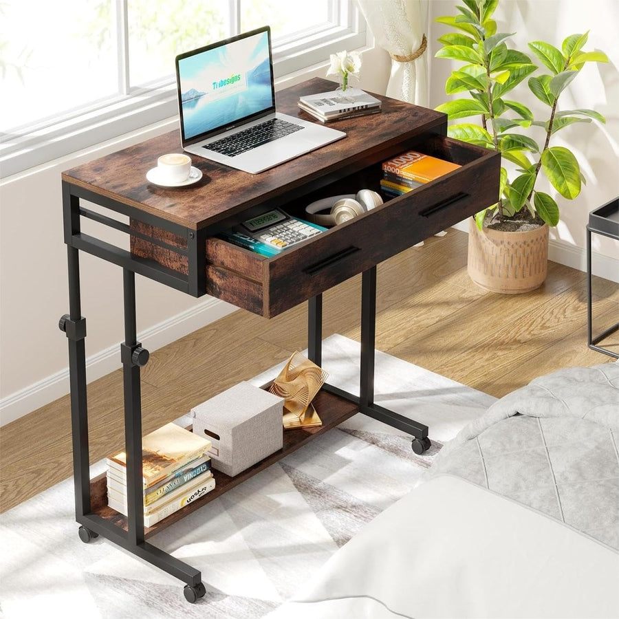 Tribesigns Portable Desk with Drawers, Mobile Laptop Desk with Wheels, Couch Desk Sofa Side Table Bed Desk Image 1