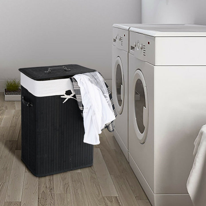 Rectangle Bamboo Hamper Laundry Basket Washing Cloth Bin Rangier Lid Black Image 2