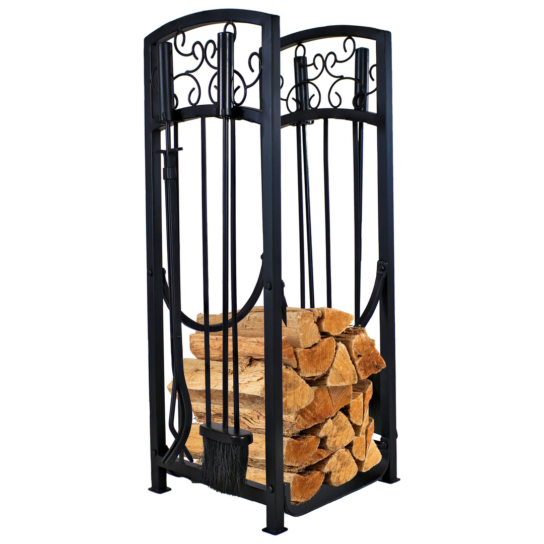 Sunnydaze Iron Filigree Firewood Log Rack with 4 Fireplace Tools Image 7