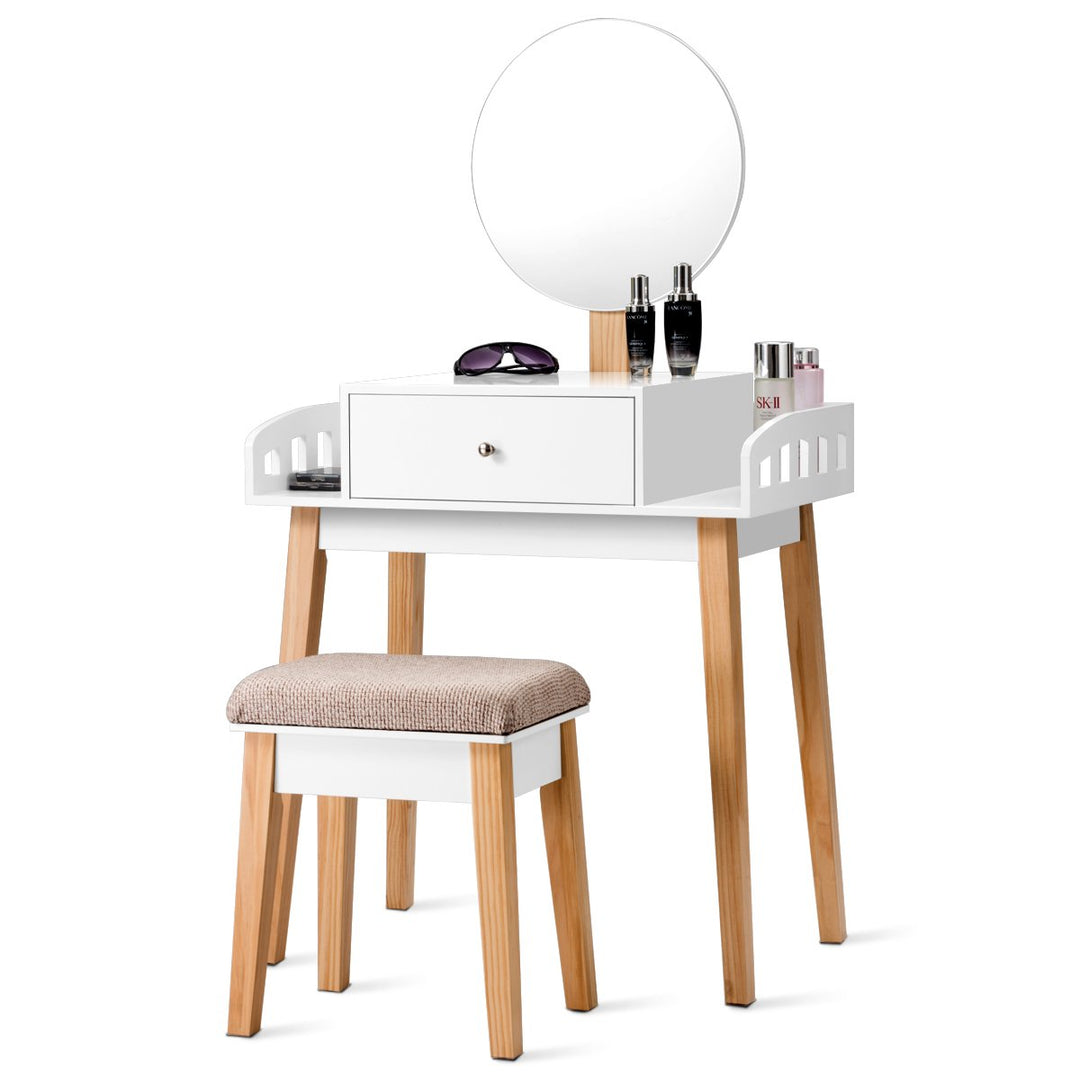 Wooden Vanity Makeup Dressing Table Stool Round w/Drawer Image 4