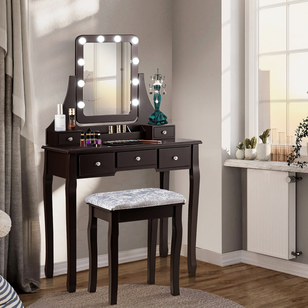 Costway Vanity Dressing Table Set w/ 10 Dimmable Bulbs Touch Switch Cushion Stool White\Black\Brown Image 1