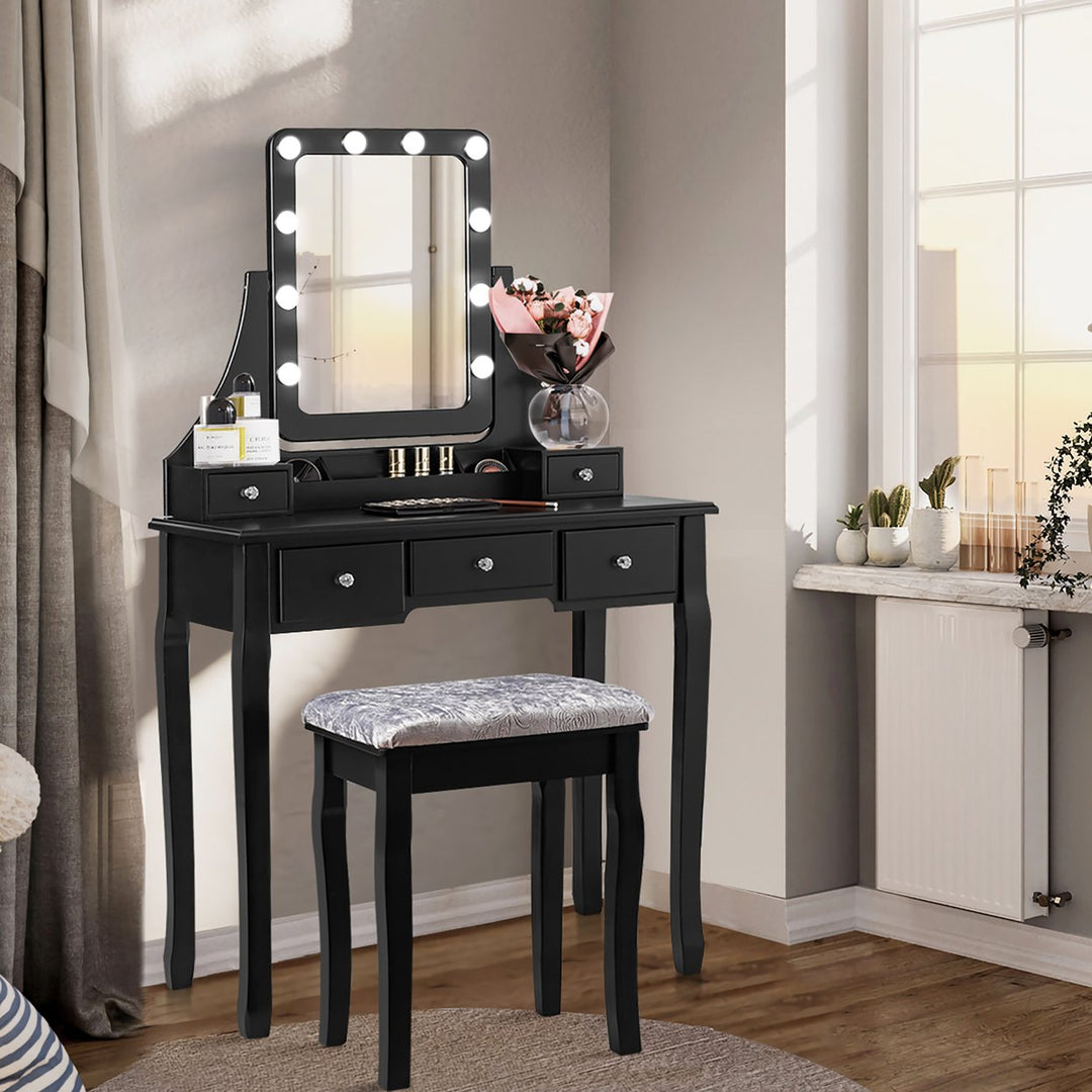 Costway Vanity Dressing Table Set w/ 10 Dimmable Bulbs Touch Switch Cushion Stool White\Black\Brown Image 1