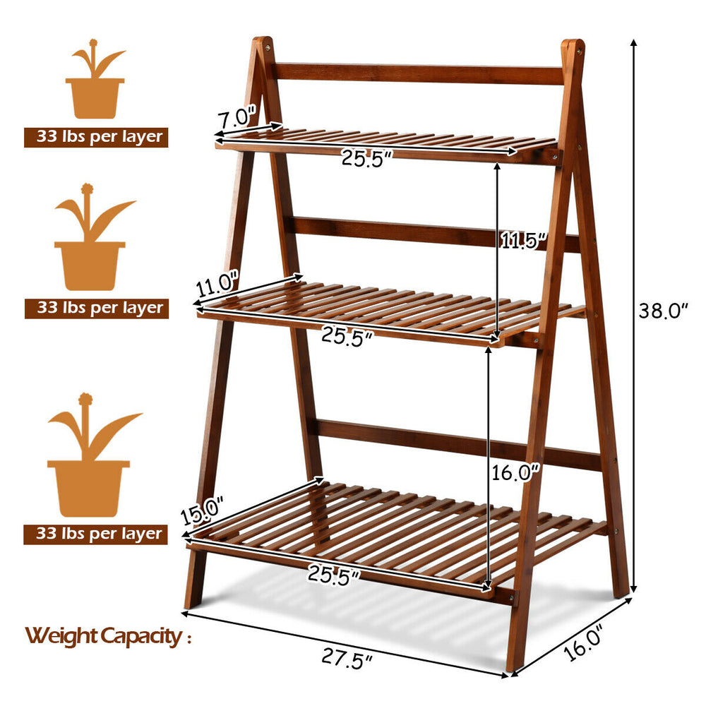 3 Tier Folding Shelf Stand Bamboo Flower Pot Display Rack Bookcase Organizer Image 2