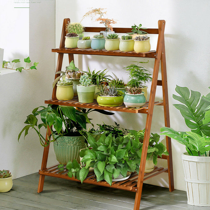 3 Tier Folding Shelf Stand Bamboo Flower Pot Display Rack Bookcase Organizer Image 3