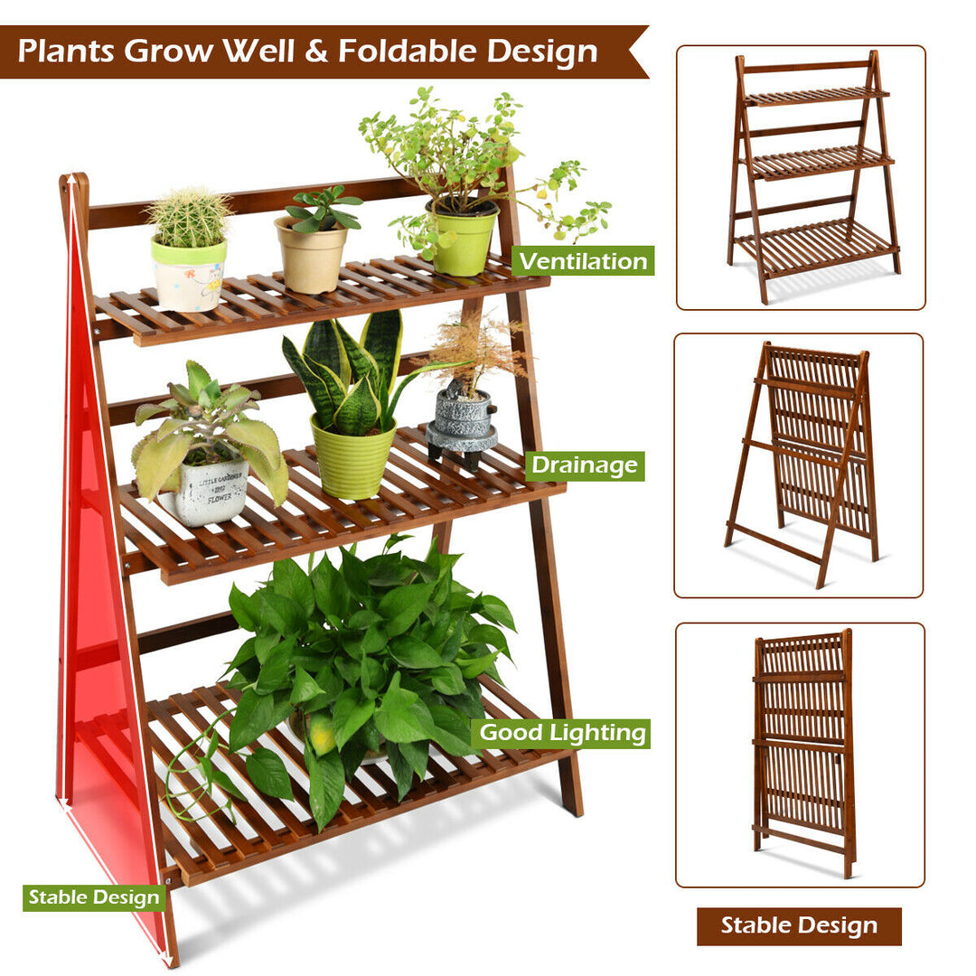 3 Tier Folding Shelf Stand Bamboo Flower Pot Display Rack Bookcase Organizer Image 4