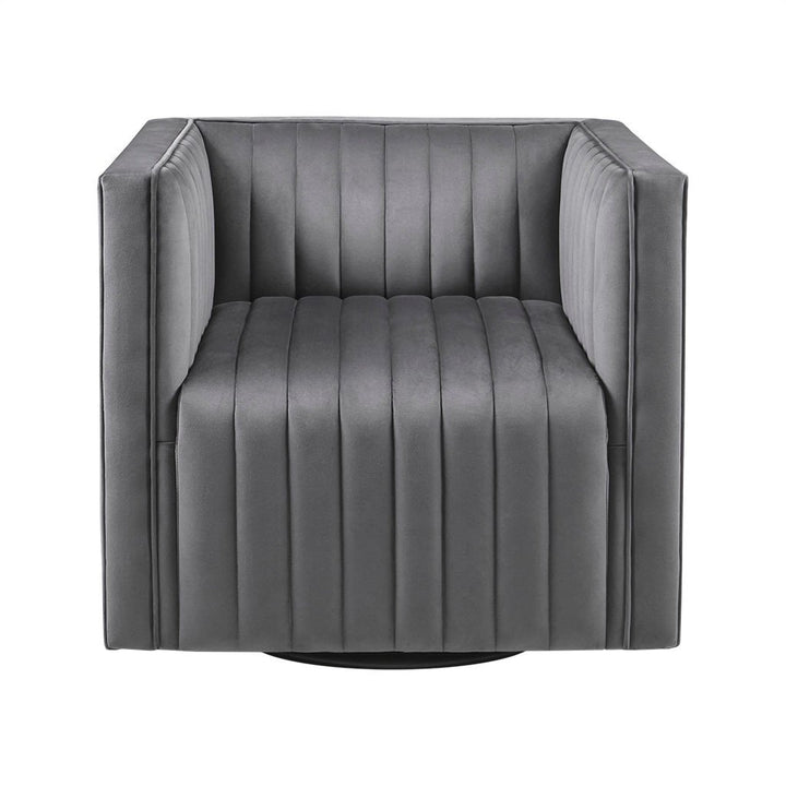 Gracie Mills Carlie Modern Grey Velvet Swivel Armchair with Channel Tufting - GRACE-14944 Image 1