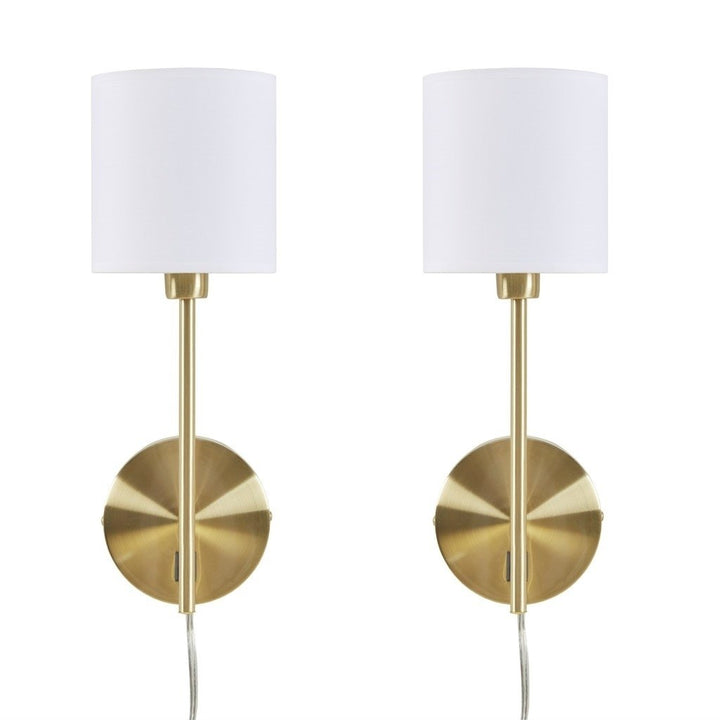 Gracie Mills Sangrey Set of 2 Brass Metal Wall Sconces with Cream Cylinder Shades - GRACE-15164 Image 1