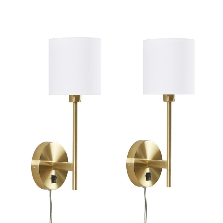 Gracie Mills Sangrey Set of 2 Brass Metal Wall Sconces with Cream Cylinder Shades - GRACE-15164 Image 2