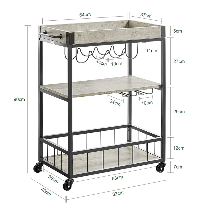 Haotian FKW56-HG Bar Cart Rustic Wood Metal Serving Trolley 3 Shelves 26.4in Image 2