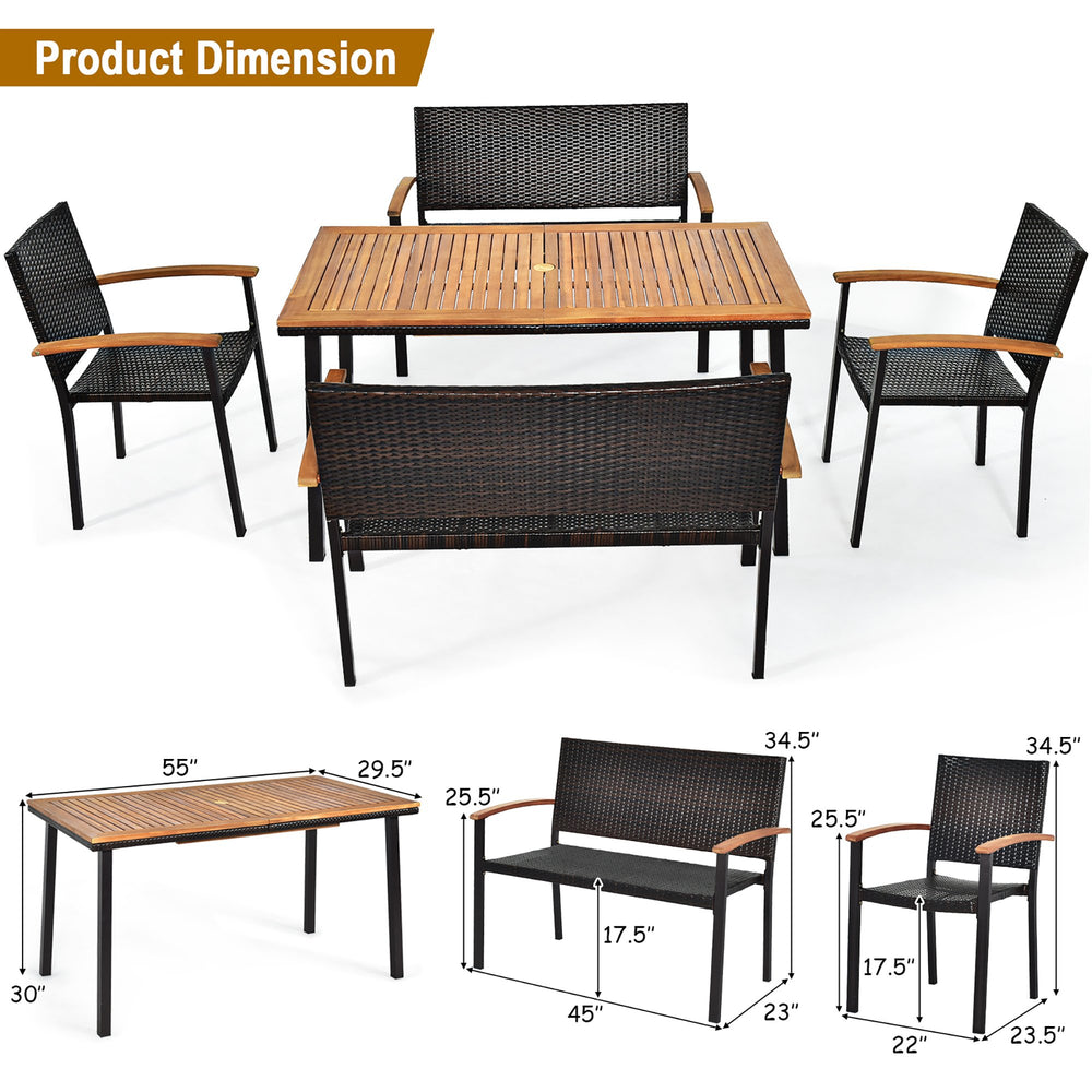 5PC Patio Rattan Dining Set Acacia Wood Table Top Stackable Chair Bench Image 2