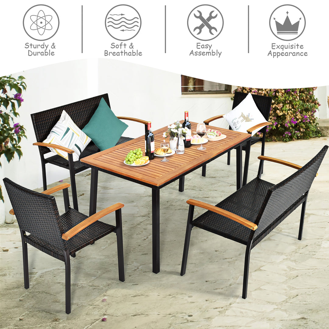 5PC Patio Rattan Dining Set Acacia Wood Table Top Stackable Chair Bench Image 3