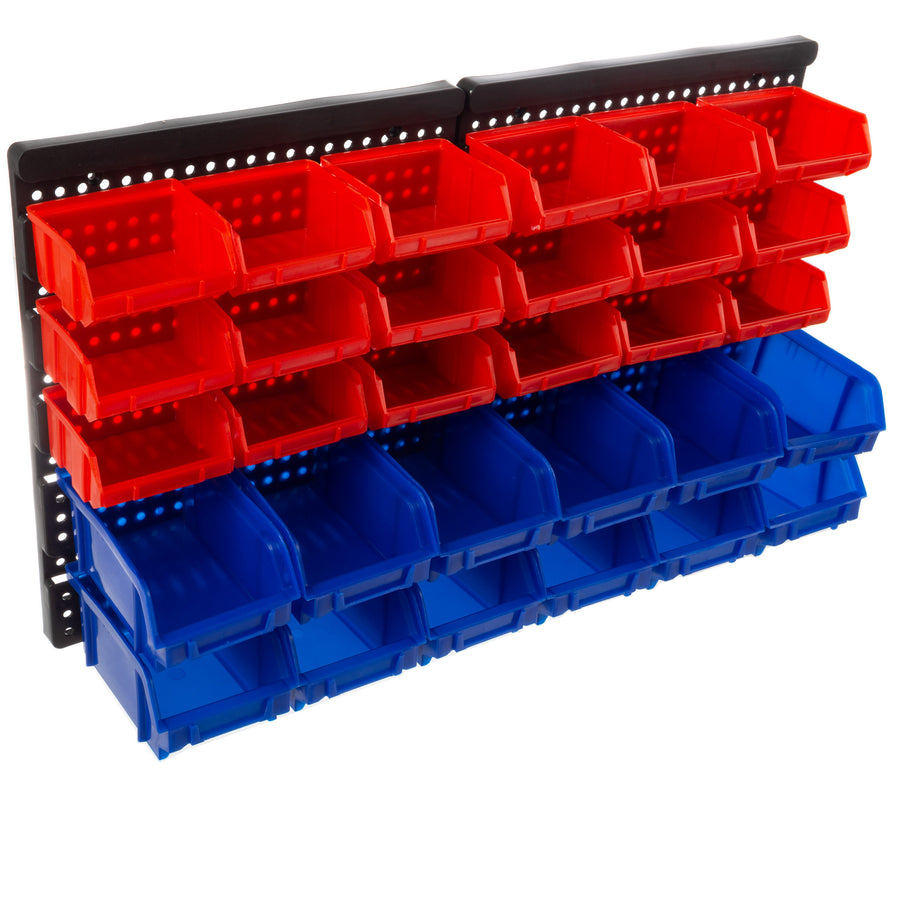 Wall-Mounted Garage Storage Bins Set 30 Compartment Tool Organizer Red Blue Image 1