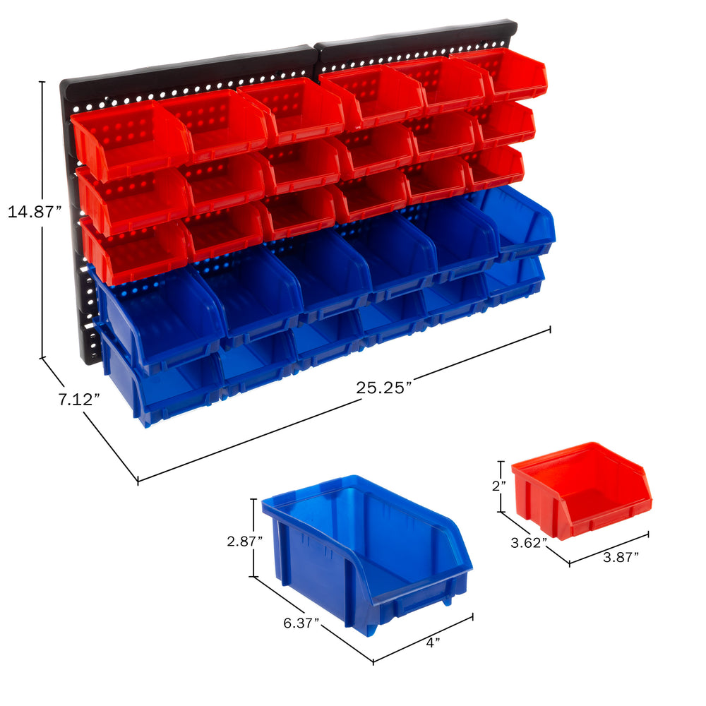 Wall-Mounted Garage Storage Bins Set 30 Compartment Tool Organizer Red Blue Image 2