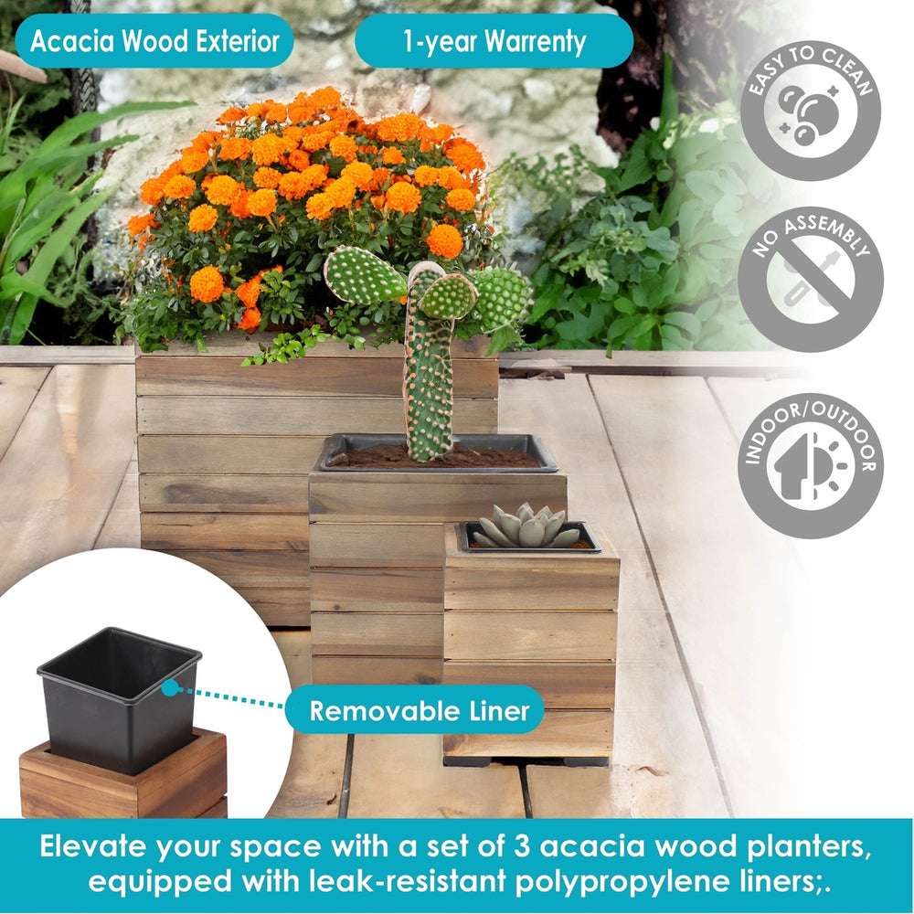 Sunnydaze 3-Piece Square Wood Planter Box with Liner - Anthracite Image 2