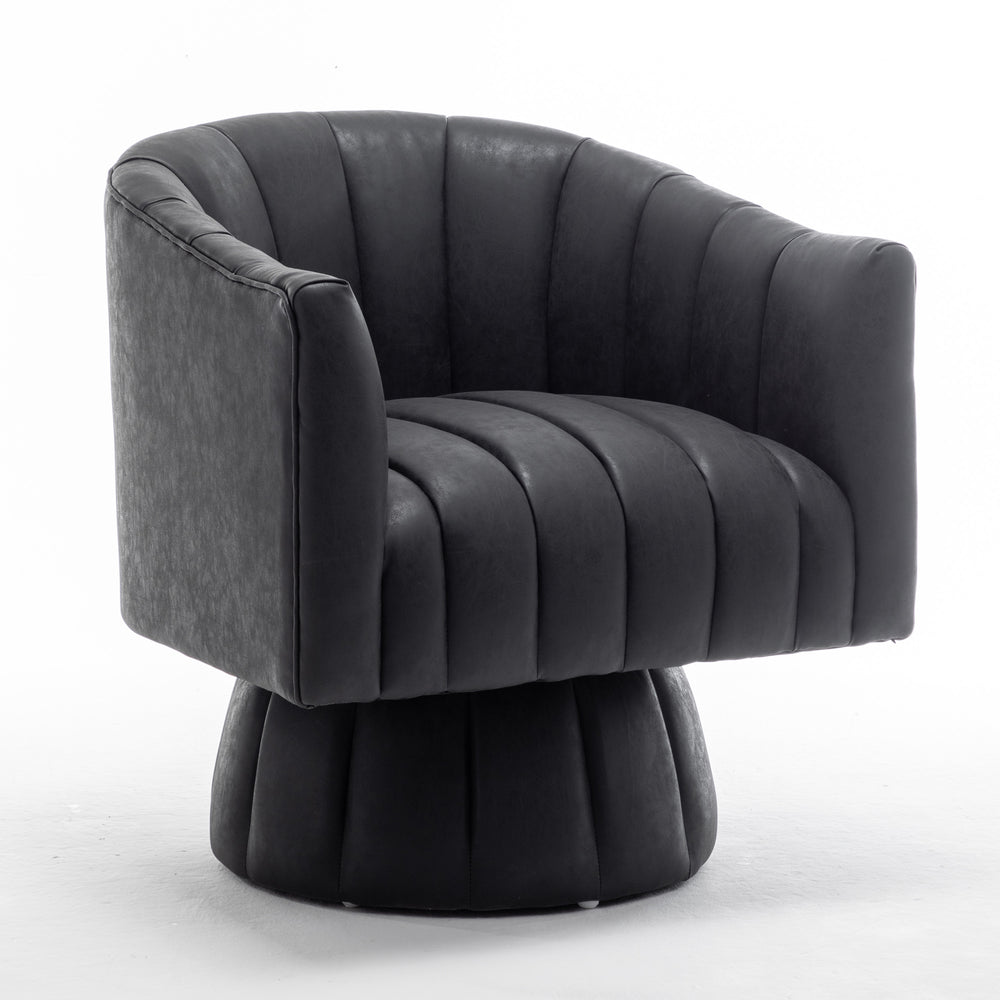 SEYNAR Mid-Century Swivel PU Leather Tufted Round Accent Barrel Chair Image 2