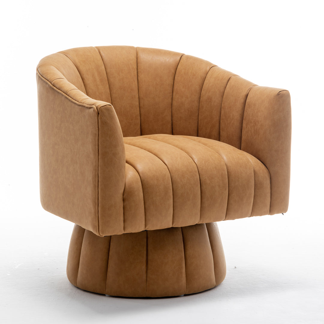 SEYNAR Mid-Century Swivel PU Leather Tufted Round Accent Barrel Chair Image 4