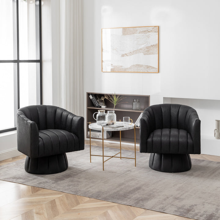 SEYNAR Mid-Century Swivel PU Leather Tufted Round Accent Barrel Chair set of 2 Image 1