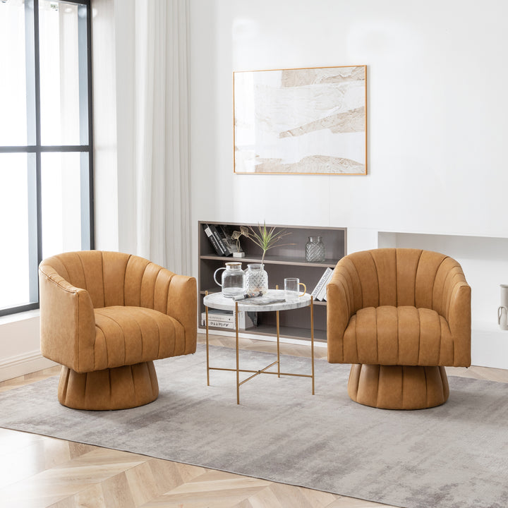 SEYNAR Mid-Century Swivel PU Leather Tufted Round Accent Barrel Chair set of 2 Image 4