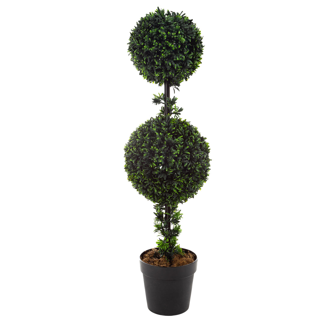 Artificial Podocarpus-36 Inch Double Ball Style Faux Plant in Sturdy Pot-Realistic Indoor or Outdoor Potted Shrub Image 1