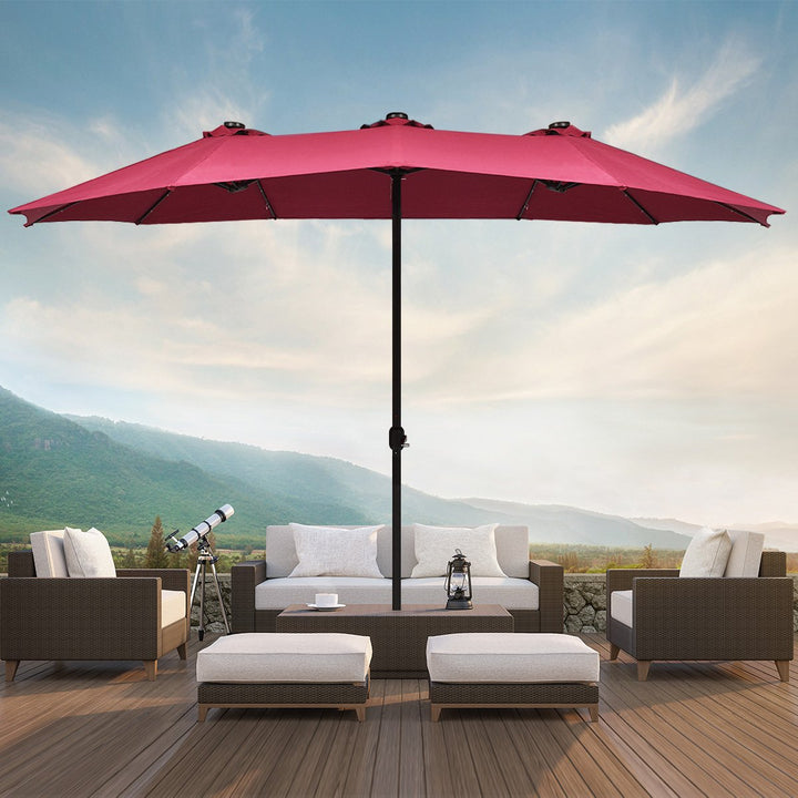 15Ft Patio Double-Sided Solar LED Market Umbrella Crank BeigeTanOrangeBurgundy Image 1