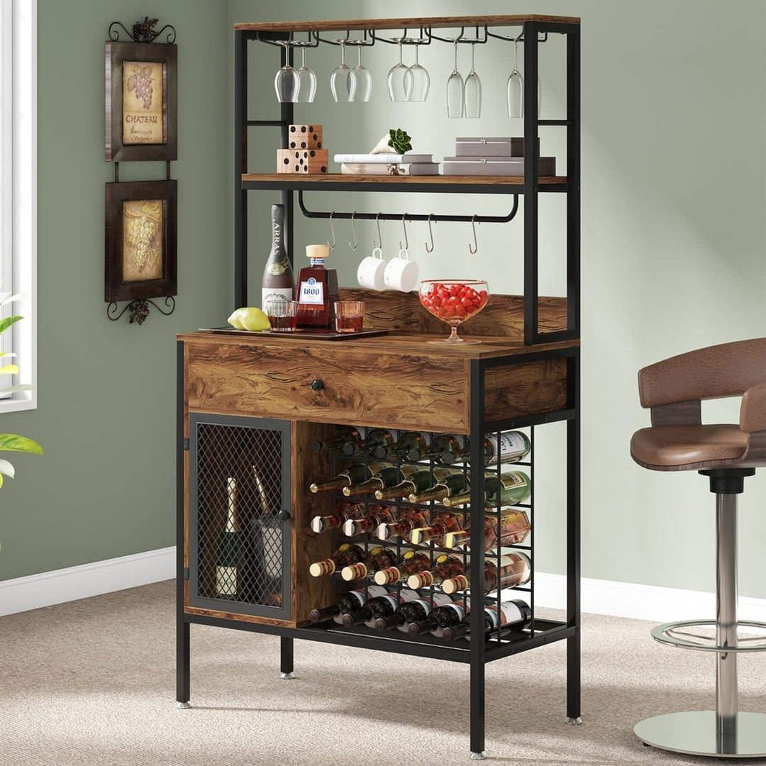 Tribesigns Wine Bar Cabinet with Storage Drawer, 64.56" Tall Freestanding Wine Rack Cabinet with 6 Hooks Image 1