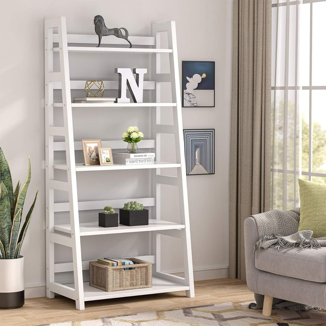 Tribesigns 5-Tier Ladder Bookshelf Modern Bookcase Black Metal and Wood Storage Image 2