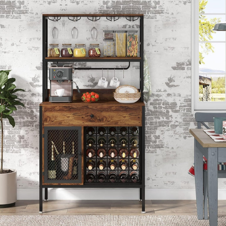 Tribesigns Wine Bar Cabinet with Storage Drawer, 64.56" Tall Freestanding Wine Rack Cabinet with 6 Hooks Image 3