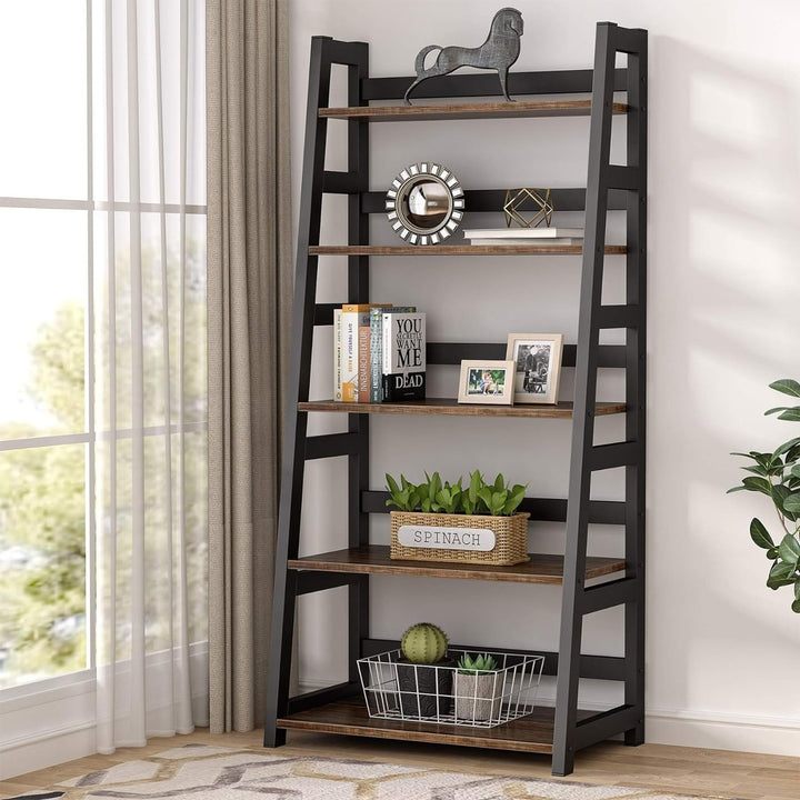 Tribesigns 5-Tier Ladder Bookshelf Modern Bookcase Black Metal and Wood Storage Image 5