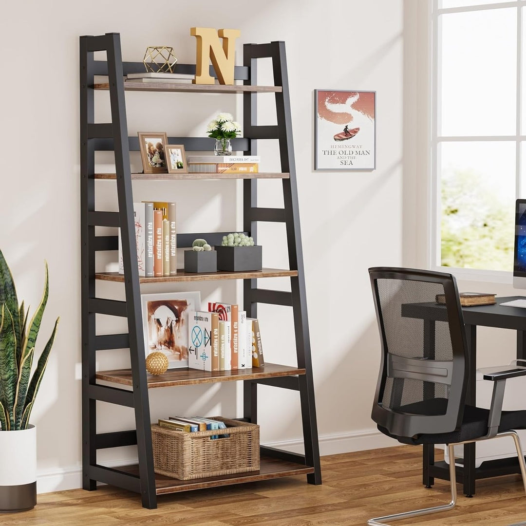 Tribesigns 5-Tier Ladder Bookshelf Modern Bookcase Black Metal and Wood Storage Image 6