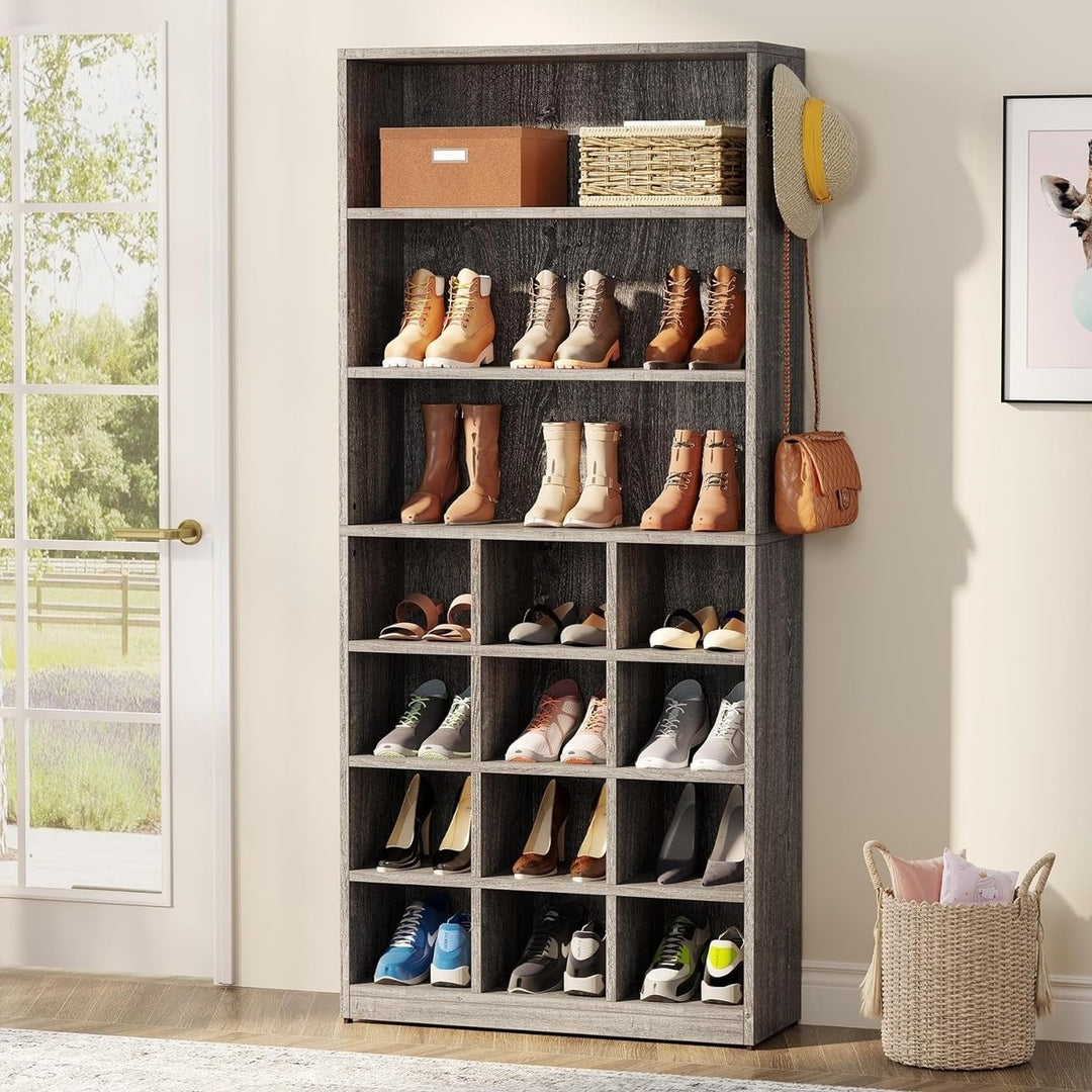 Tribesigns Shoe Cabinet, 24 Pair Freestanding Shoe Rack Storage Organizer with Side Hooks, Modern Shoe Storage Cabinet Image 5