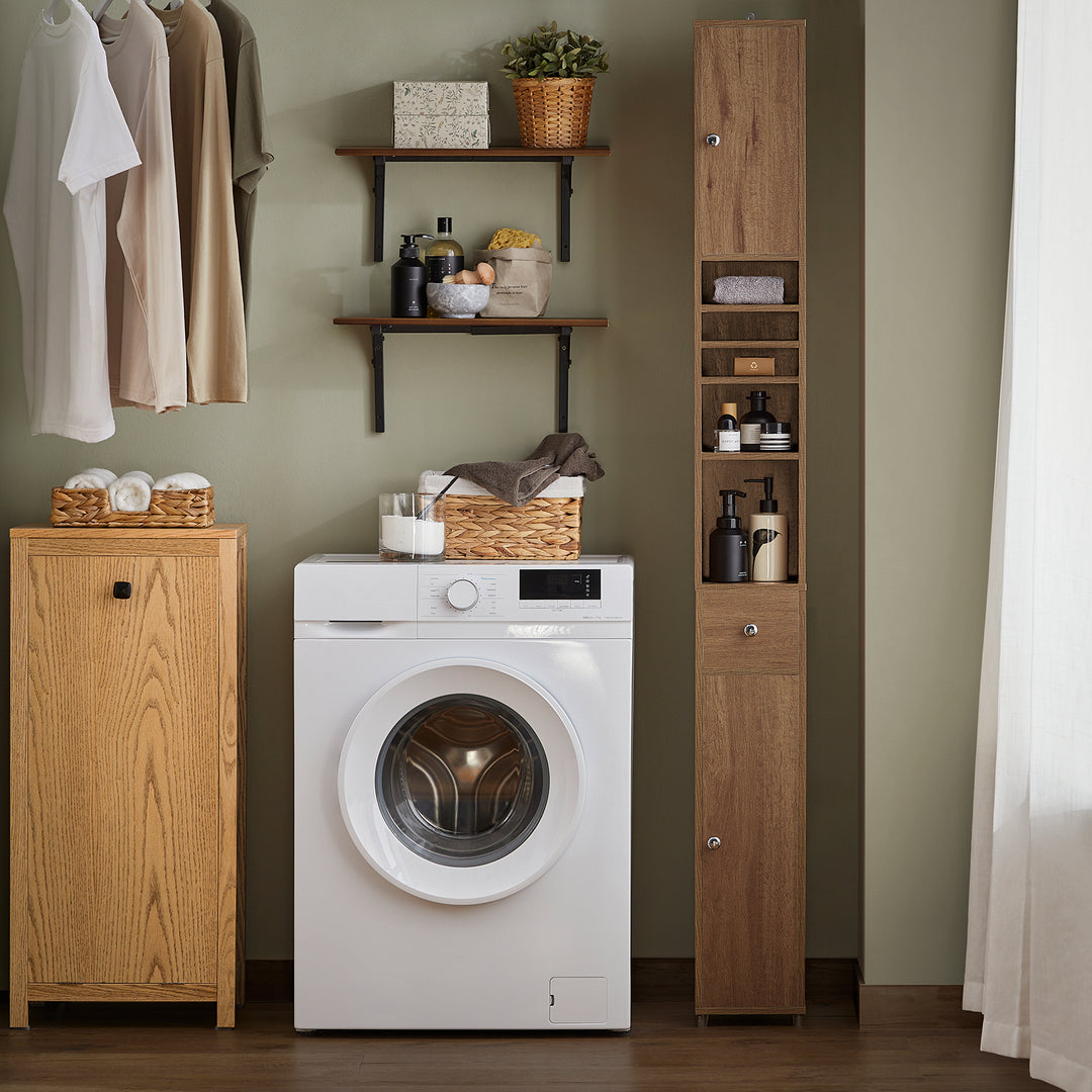 Haotian BZR34-PF White Tall Bathroom Cabinet with Laundry Hamper and Drawer Image 1