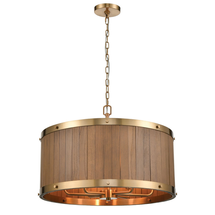 Wooden Barrel 25 Wide 6-Light Chandelier - Satin Brass with Slatted Wood Shade in Medium Oak Image 1