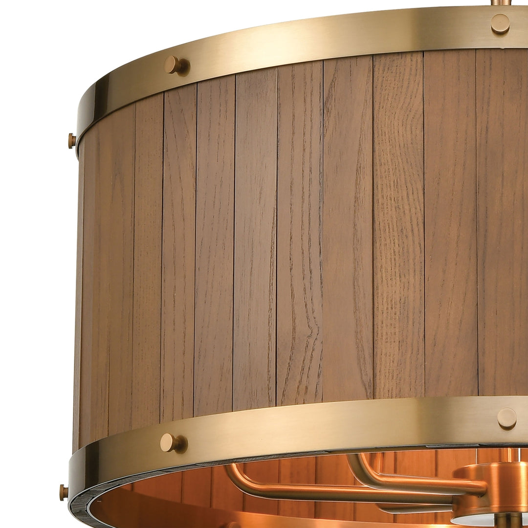 Wooden Barrel 25 Wide 6-Light Chandelier - Satin Brass with Slatted Wood Shade in Medium Oak Image 3