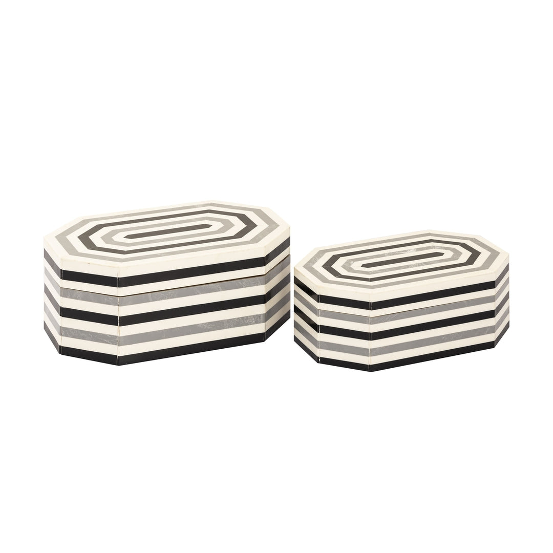 Octagonal Striped Box - Set of 2 White Image 2